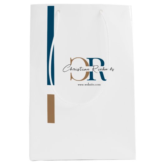 シンプル青モダン金ゴールドモノグラム ミディアムペーパーバッグ (正面)