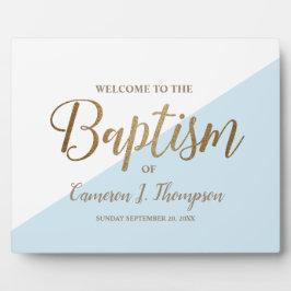シンプル青モダン金ゴールド書道ベビーバプテスマ フォトプラーク