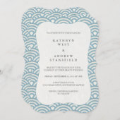 シンプル青モダン+白の波のパタ結婚ーン 招待状 (正面/裏面)