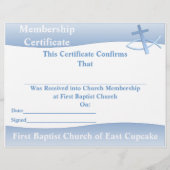 シンプル青数々の目的教会証明書 チラシ (正面)