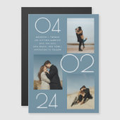 シンプル青3写真結婚式の日付を保存 マグネット招待状 (正面/裏面)