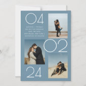 シンプル青3写真結婚式の日付を保存 マグネット招待状 (正面)