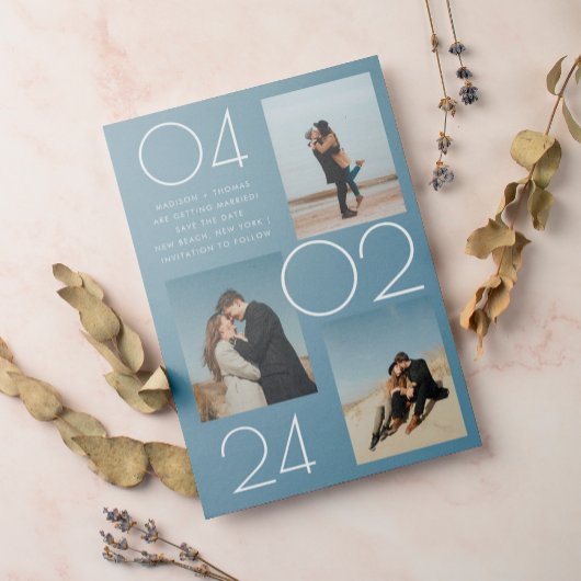 シンプル青3写真結婚式の日付を保存 マグネット招待状