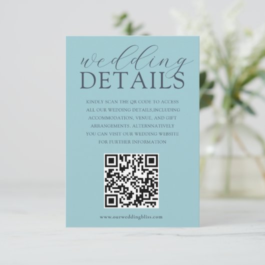 シンプル青QRコードの結婚詳細 エンクロージャーカード (スタンド正面)