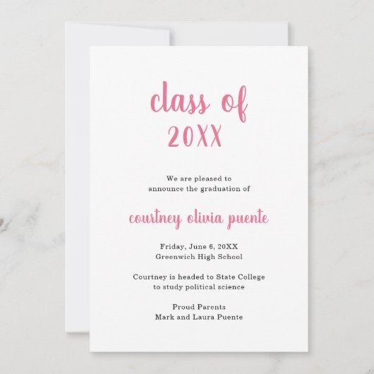 シンプル非フォトピンク卒業 案内状 (正面)