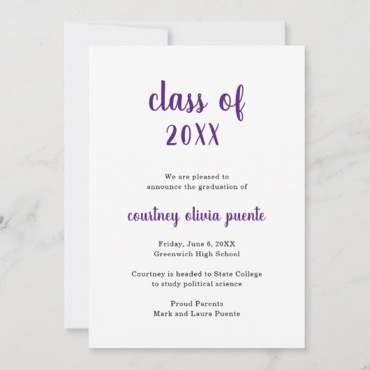 シンプル非モダンフォトパープル卒業 案内状 (正面)