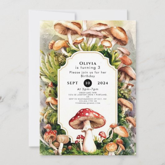 シンプル魅惑キノコ誕生日 招待状 (正面)