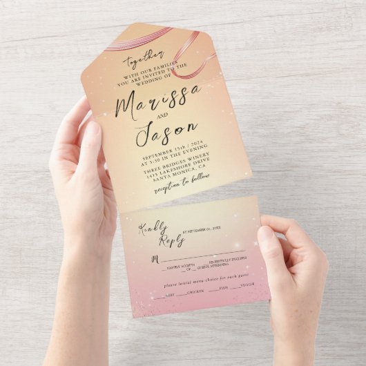 シンプル黄エレガント色・ピンク結婚色 オールインワン招待状 (貼ってはがせる)