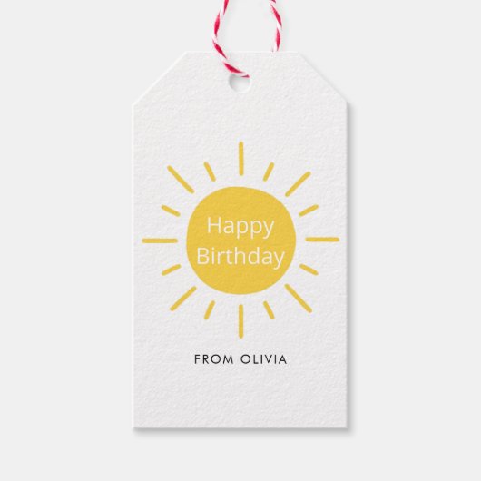 シンプル黄モダンブライトサンハッピーバースデー ギフトタグ (正面)