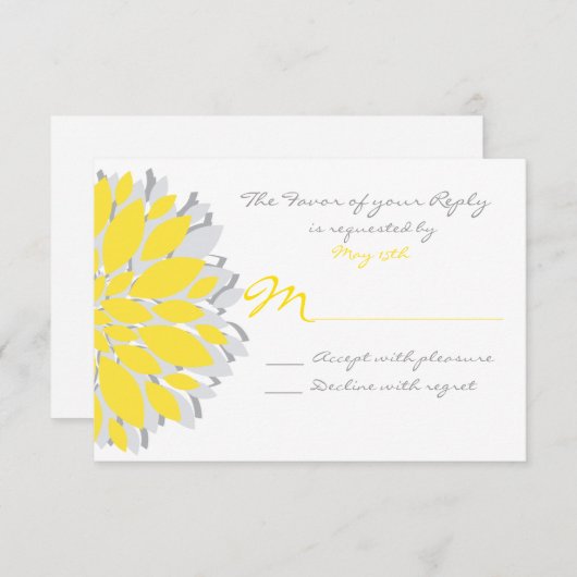 シンプル黄色と灰色の花の結婚式のRSVPカード 出欠カード (正面/裏面)