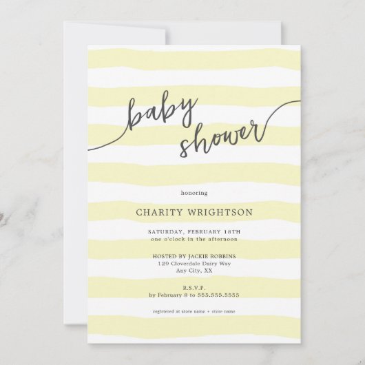 シンプル黄色の水色のストライプ赤ちゃん 招待状 (正面)