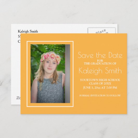 シンプル黄色の白の卒業生日付を保存 案内ポストカード (正面/裏面)