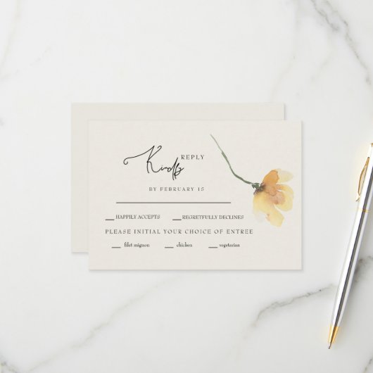 シンプル黄色フローラステムクリームRSVP 出欠カード (正面/裏面インサイチュ)