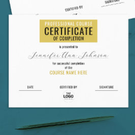 シンプル黄色金ゴールドホワイト修了証明書