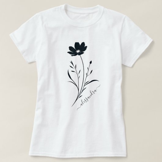 シンプル黒い花 – ミニマルフローラデザイン Tシャツ (デザイン正面)