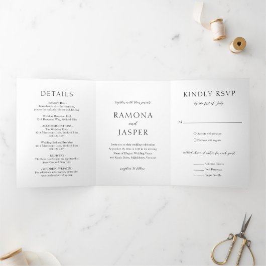 シンプル黒と白のはっきりしたモダン結婚の 三つ折り招待状 (内部)