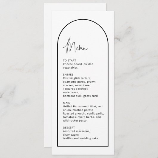 シンプル黒と白のアー結婚チのメニューカード 招待状 (正面/裏面)