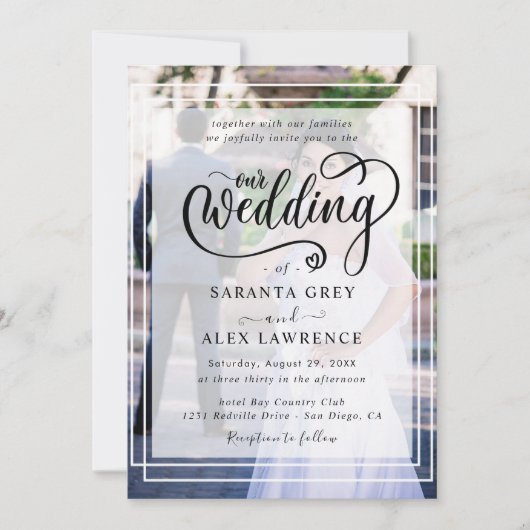 シンプル黒と白のオーバーレイフォト結婚ズ 招待状 (正面)