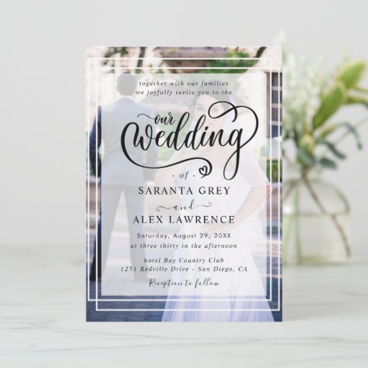 シンプル黒と白のオーバーレイフォト結婚ズ 招待状 (スタンド正面)