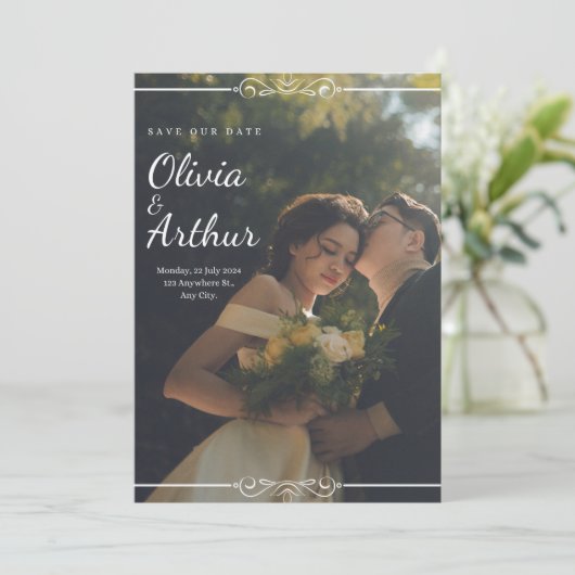 シンプル黒と白のオーバーレイフォト結婚ズ 招待状 (スタンド正面)