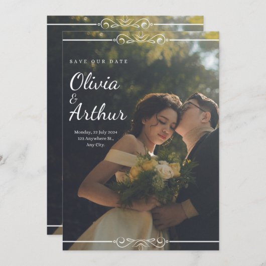 シンプル黒と白のオーバーレイフォト結婚ズ 招待状 (正面/裏面)