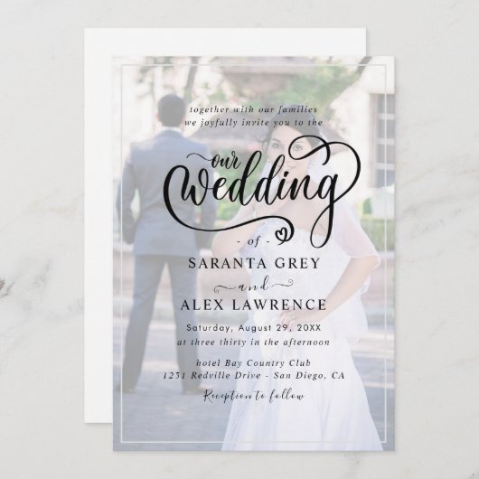 シンプル黒と白のオーバーレイフォト結婚ズ 招待状 (正面/裏面)