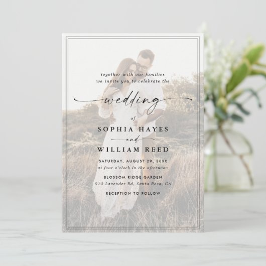 シンプル黒と白のオーバーレイモダンフォト結婚ズ 招待状 (スタンド正面)