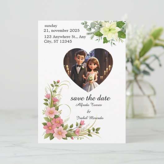 シンプル黒と白のオーバーレイ写真の結婚インビタ 招待状 (スタンド正面)