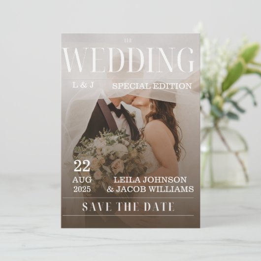 シンプル黒と白のオーバーレイ写真の結婚インビタ 招待状 (スタンド正面)