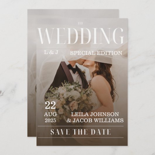 シンプル黒と白のオーバーレイ写真の結婚インビタ 招待状 (正面/裏面)