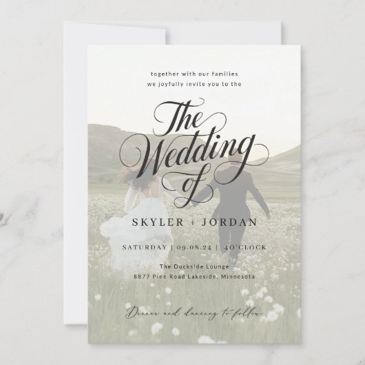 シンプル黒と白のスクリプトオーバーレイフォト結婚ズ 招待状 (正面)