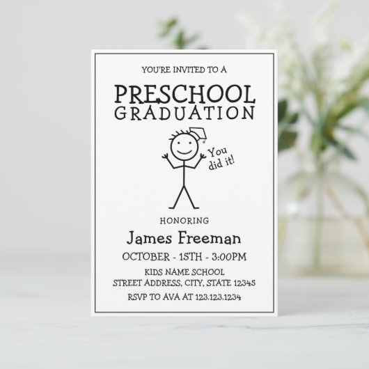 シンプル黒と白のスティック幼稚園卒業 招待状 (スタンド正面)