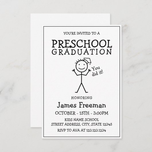 シンプル黒と白のスティック幼稚園卒業 招待状 (正面/裏面)