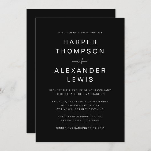 シンプル黒と白のモダンタイポグラフィ結婚 招待状 (正面/裏面)