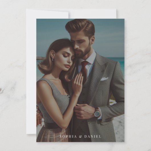 シンプル黒と白の結婚フォトオーバーレイ セーブザデート (裏面)