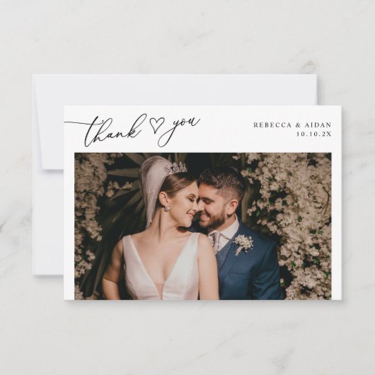 シンプル黒と白の結婚写真 サンキューカード (正面)