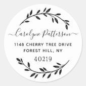 シンプル黒と白の葉のカスタム差出人住所 ラウンドシール (正面)