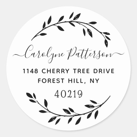 シンプル黒と白の葉のカスタム差出人住所 ラウンドシール (正面)