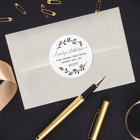 シンプル黒と白の葉のカスタム差出人住所 ラウンドシール