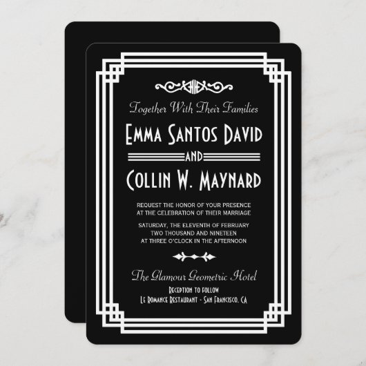 シンプル黒と白アールデコ結婚式招待状 招待状 (正面/裏面)