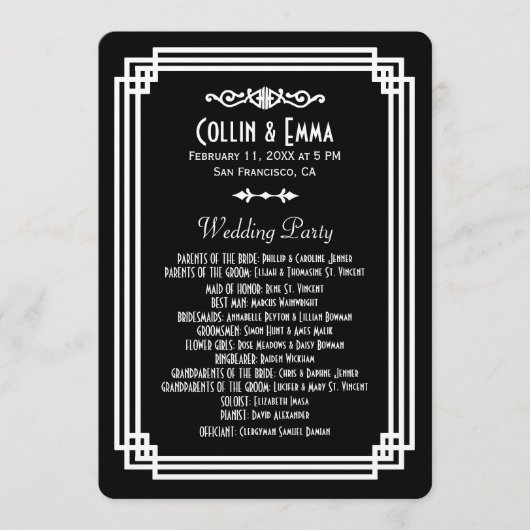 シンプル黒と白アールデコ結婚式 プログラム (正面)