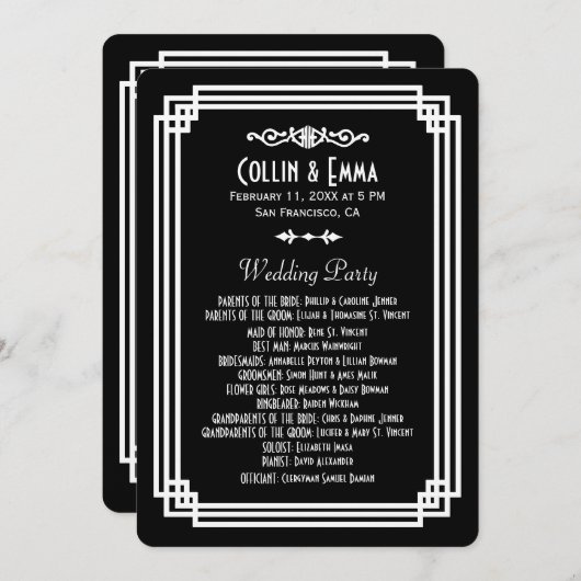 シンプル黒と白アールデコ結婚式 プログラム (正面/裏面)