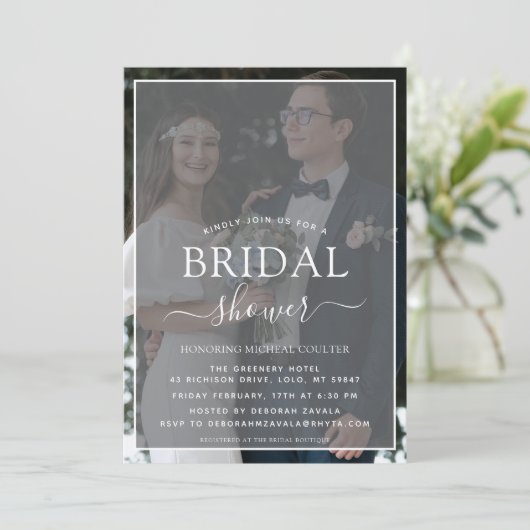 シンプル黒と白フェイクのベラム効果写真 招待状 (スタンド正面)