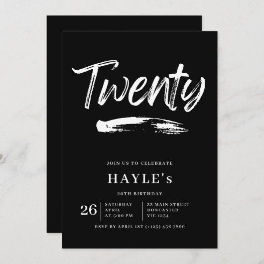 シンプル黒と白モダンブラシ20誕生日 招待状 (正面/裏面)