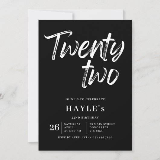 シンプル黒と白モダンブラシ22誕生日 招待状 (正面)