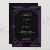 シンプル黒と紫のヴィンテージアールデコ結婚の 招待状 (正面/裏面)