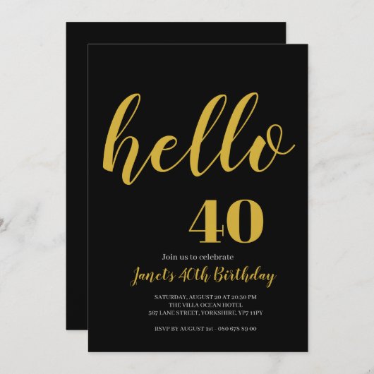 シンプル黒と金ゴールドこんにちは40th 50誕生日 招待状 (正面/裏面)