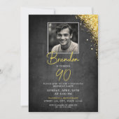 シンプル黒と金ゴールドのヴィンテージ写真90誕生日 招待状 (正面)