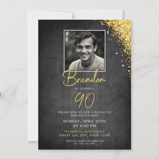シンプル黒と金ゴールドのヴィンテージ写真90誕生日 招待状 (正面)