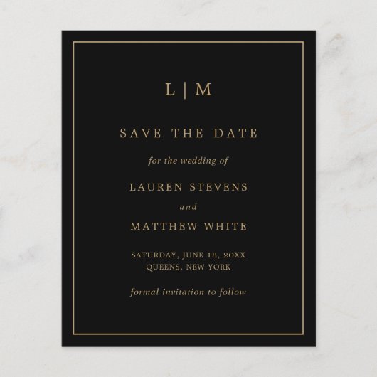 シンプル黒と金ゴールドの予算結婚式の日付を保存 (正面)